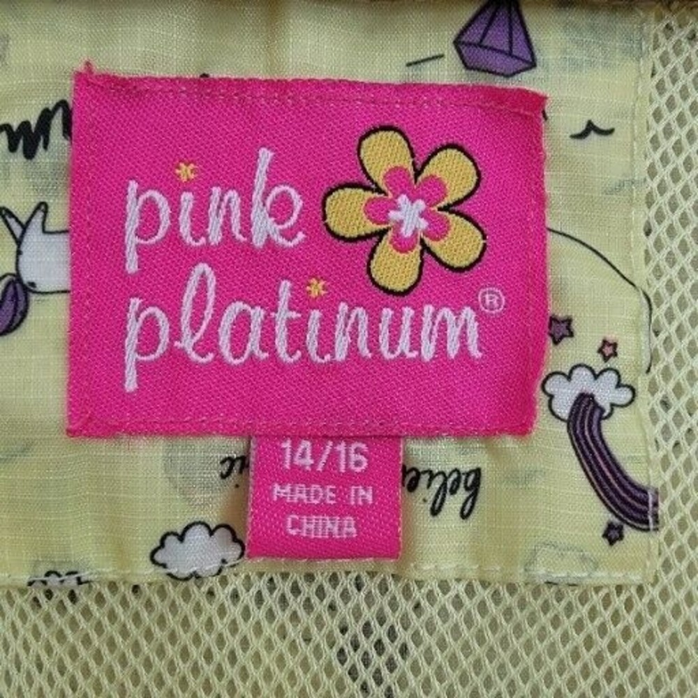 Pink Platinum Girls Size 14/16 Yellow Windbreaker Full Zip Jacket Yellow Unicorn - Picture 7 of 9